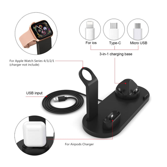 HQ-UD15 5 in 1 Micro USB + USB-C / Type-C + 8 Pin Interface Phone Charging Base with 8 Pin Earphone Charging Interface & Watch Stand, Without Wireless Charger (Black)