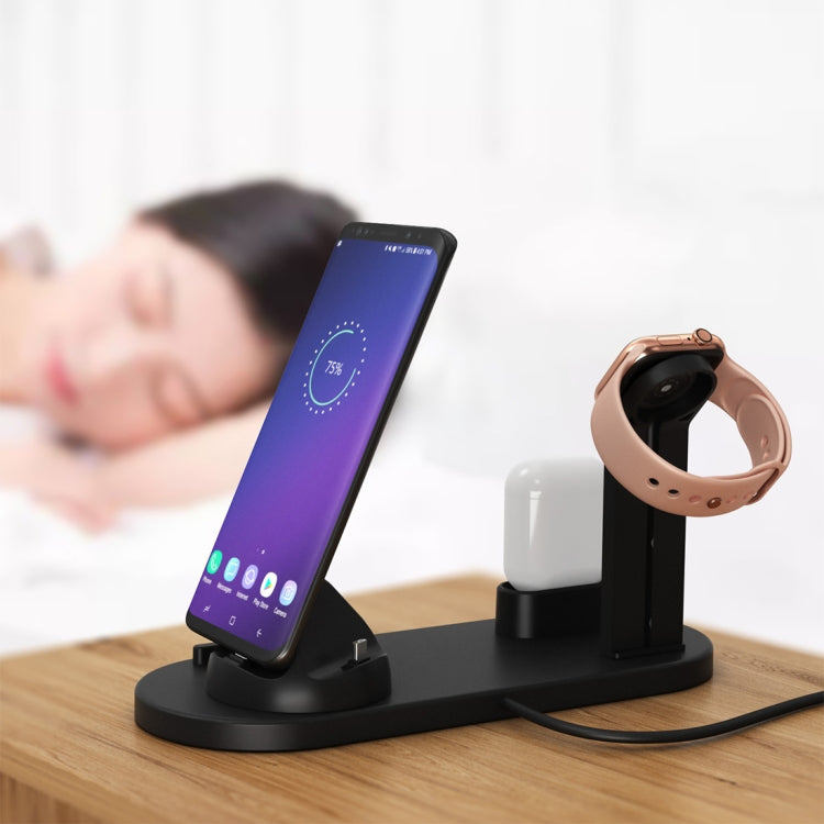 HQ-UD15 5 in 1 Micro USB + USB-C / Type-C + 8 Pin Interface Phone Charging Base with 8 Pin Earphone Charging Interface & Watch Stand, Without Wireless Charger (Black)