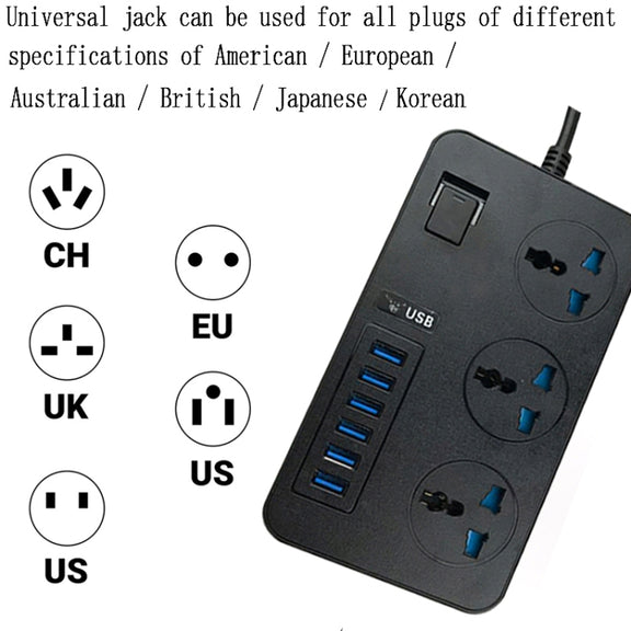 T09 3000W High Power Multi-Function Plug-in 3-Hole International Universal Jack + 6 USB Intelligent Charging EU PLUG
