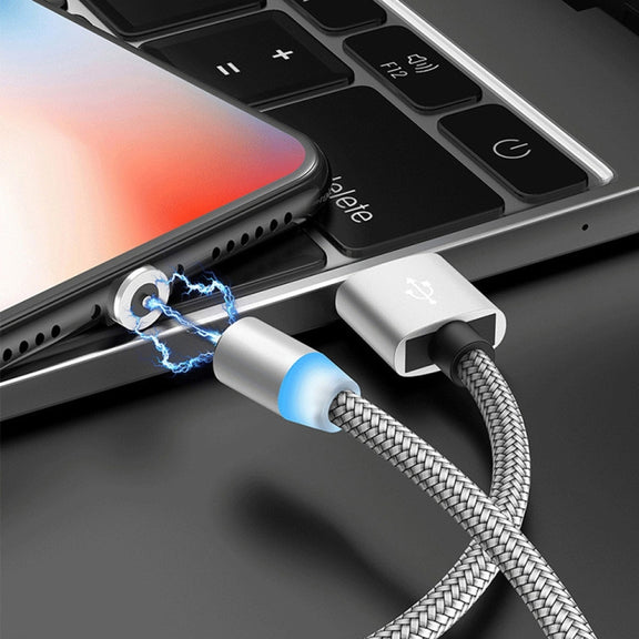 2 in 1 USB to 8 Pin + Micro USB Magnetic Metal Interface Nylon Braided Charging Cable, Length: 1m(Silvery)