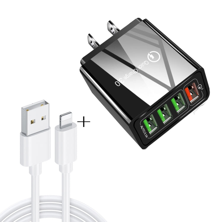 2 in 1 1m USB to 8 Pin Data Cable + 30W QC 3.0 4 USB Interfaces Mobile Phone Tablet PC Universal Quick Charger Travel Charger Set, US Plug(Black)