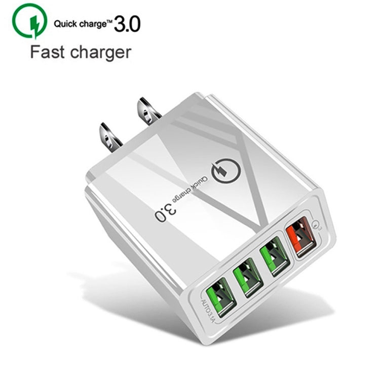 2 in 1 1m USB to 8 Pin Data Cable + 30W QC 3.0 4 USB Interfaces Mobile Phone Tablet PC Universal Quick Charger Travel Charger Set, US Plug(White)