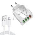 2 in 1 1m USB to 8 Pin Data Cable + 30W QC 3.0 4 USB Interfaces Mobile Phone Tablet PC Universal Quick Charger Travel Charger Set, EU Plug(White) - free shipping - PMC TechLife - Order now!