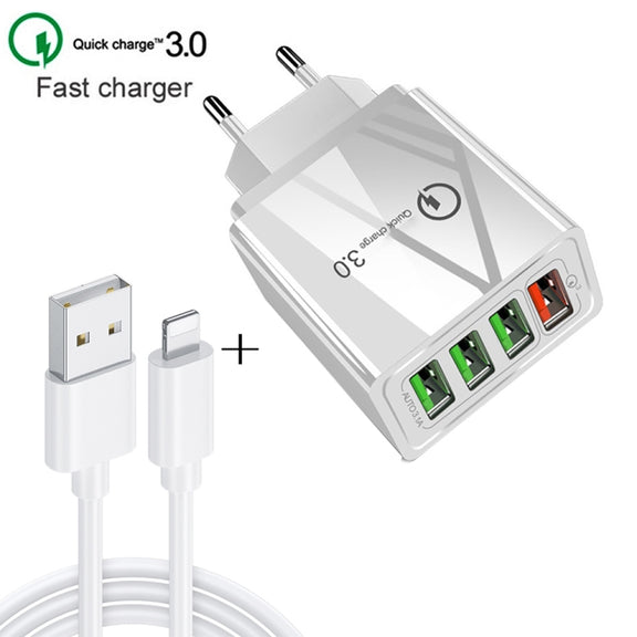 2 in 1 1m USB to 8 Pin Data Cable + 30W QC 3.0 4 USB Interfaces Mobile Phone Tablet PC Universal Quick Charger Travel Charger Set, EU Plug(White)