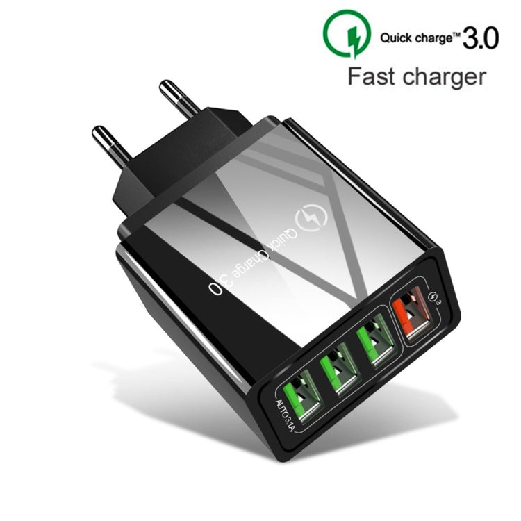 2 in 1 1m USB to 8 Pin Data Cable + 30W QC 3.0 4 USB Interfaces Mobile Phone Tablet PC Universal Quick Charger Travel Charger Set, EU Plug(Black)