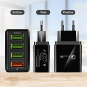 2 in 1 1m USB to 8 Pin Data Cable + 30W QC 3.0 4 USB Interfaces Mobile Phone Tablet PC Universal Quick Charger Travel Charger Set, EU Plug(Black)