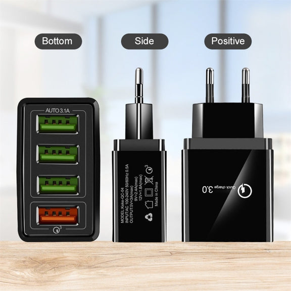 2 in 1 1m USB to 8 Pin Data Cable + 30W QC 3.0 4 USB Interfaces Mobile Phone Tablet PC Universal Quick Charger Travel Charger Set, EU Plug(Black)