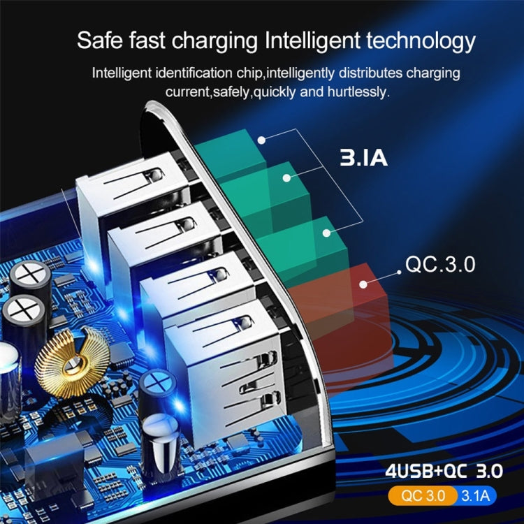 2 in 1 1m USB to 8 Pin Data Cable + 30W QC 3.0 4 USB Interfaces Mobile Phone Tablet PC Universal Quick Charger Travel Charger Set, EU Plug(Black)