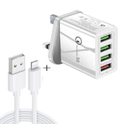 2 in 1 1m USB to 8 Pin Data Cable + 30W QC 3.0 4 USB Interfaces Mobile Phone Tablet PC Universal Quick Charger Travel Charger Set, UK Plug(White)