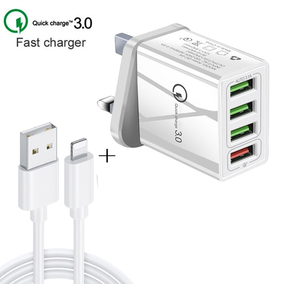 2 in 1 1m USB to 8 Pin Data Cable + 30W QC 3.0 4 USB Interfaces Mobile Phone Tablet PC Universal Quick Charger Travel Charger Set, UK Plug(White)