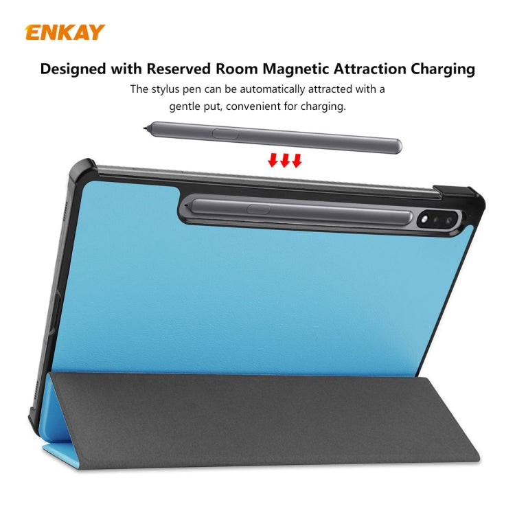 ENKAY ENK-8010 PU Leather + Plastic Smart Case with Three-folding Holder for Samsung Galaxy Tab S8 / Galaxy Tab S7 11.0 T870 / T875(Light Blue)