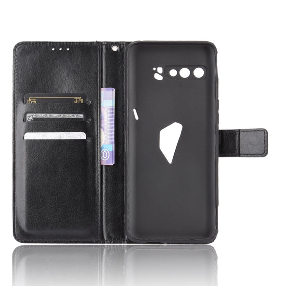 For Asus ROG Phone 3 ZS661KS Retro Crazy Horse Texture Horizontal Flip Leather Case , with Holder & Card Slots & Photo Frame(Black)