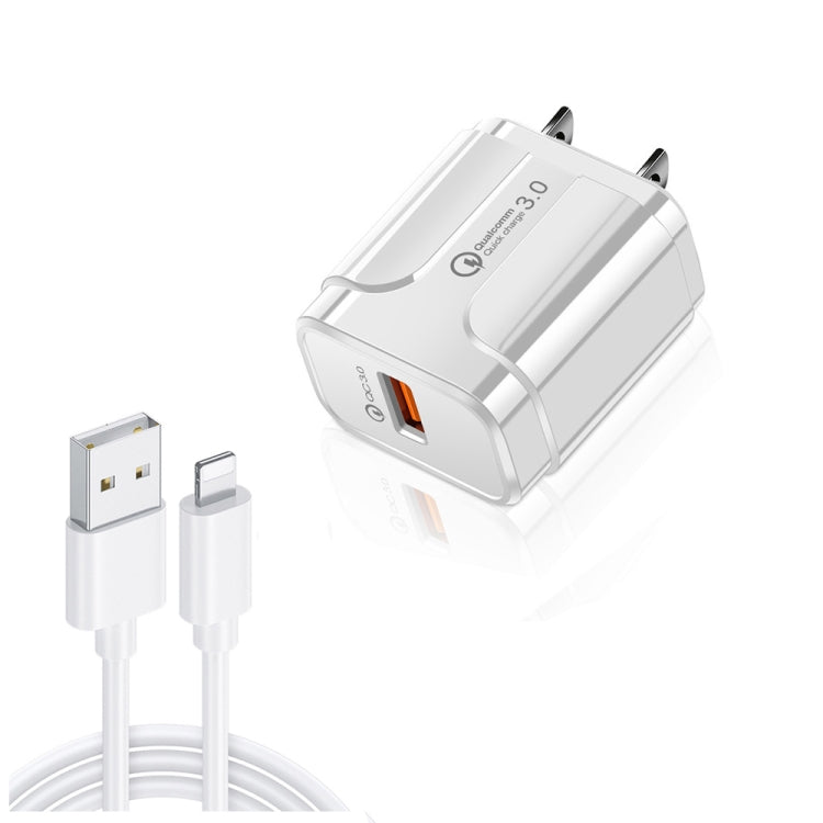LZ-023 18W QC 3.0 USB Portable Travel Charger + 3A USB to 8 Pin Data Cable, US Plug(White)