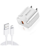 LZ-023 18W QC 3.0 USB Portable Travel Charger + 3A USB to 8 Pin Data Cable, US Plug(White)