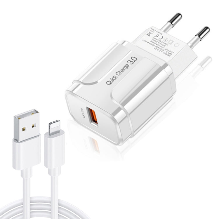 LZ-023 18W QC 3.0 USB Portable Travel Charger + 3A USB to 8 Pin Data Cable, EU Plug(White)