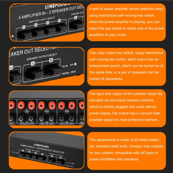4 Input 2 Output Power Amplifier And Speaker Switcher Speaker Switch Splitter Comparator 300W Per Channel Without Loss Of Sound Quality