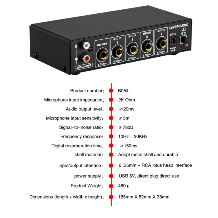 B054 4-Channel Microphone Mixer Support Stereo Output With Reverb Treble And Bass Adjustment, USB 5V Power Supply, US Plug