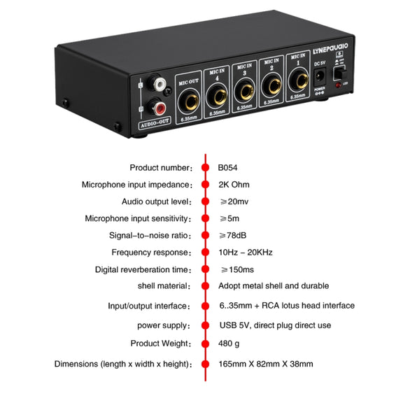 B054 4-Channel Microphone Mixer Support Stereo Output With Reverb Treble And Bass Adjustment, USB 5V Power Supply, US Plug