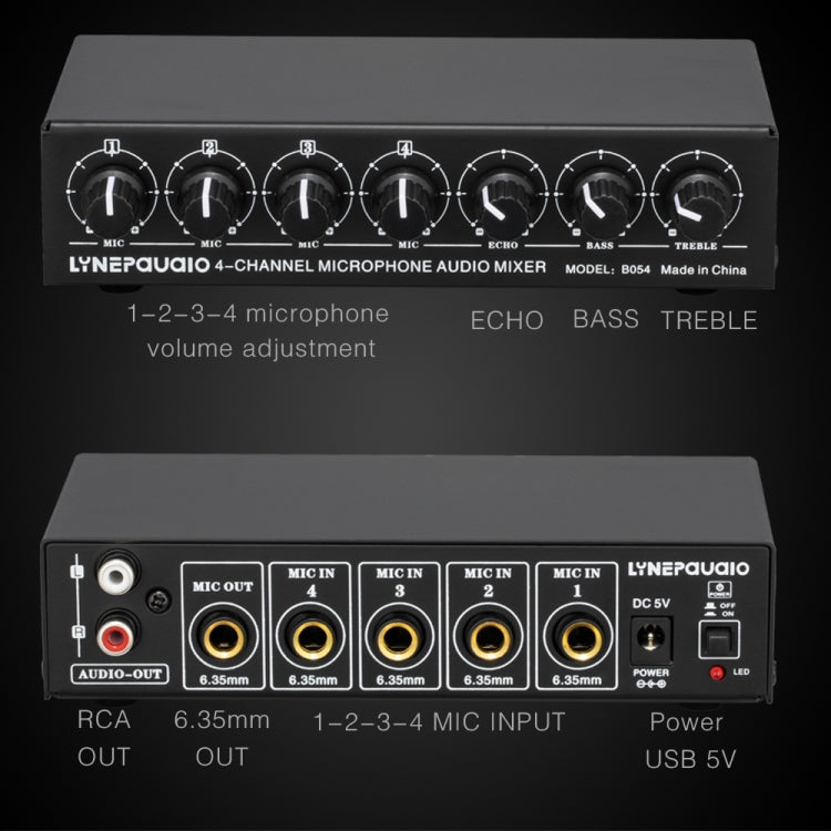 B054 4-Channel Microphone Mixer Support Stereo Output With Reverb Treble And Bass Adjustment, USB 5V Power Supply, US Plug