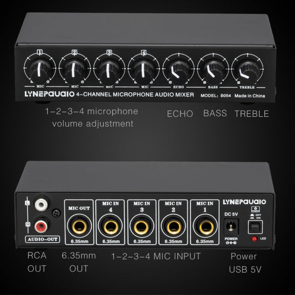 B054 4-Channel Microphone Mixer Support Stereo Output With Reverb Treble And Bass Adjustment, USB 5V Power Supply, US Plug