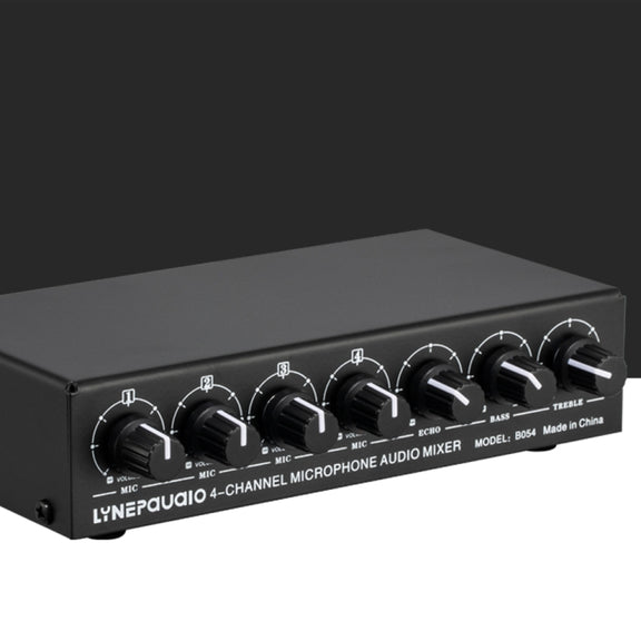 B054 4-Channel Microphone Mixer Support Stereo Output With Reverb Treble And Bass Adjustment, USB 5V Power Supply, US Plug