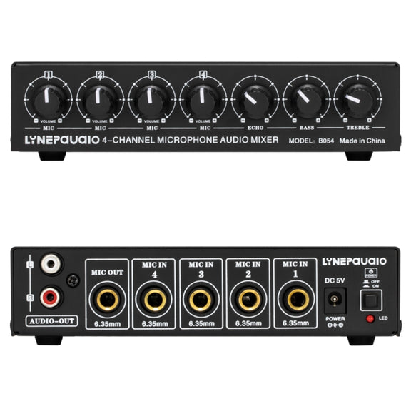 B054 4-Channel Microphone Mixer Support Stereo Output With Reverb Treble And Bass Adjustment, USB 5V Power Supply, US Plug