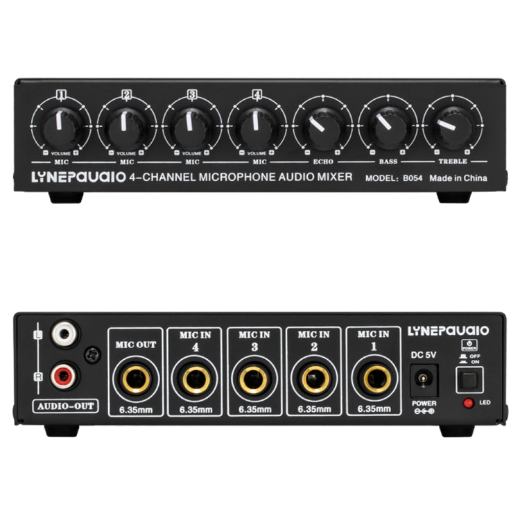 B054 4-Channel Microphone Mixer Support Stereo Output With Reverb Treble And Bass Adjustment, USB 5V Power Supply, US Plug