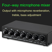 B054 4-Channel Microphone Mixer Support Stereo Output With Reverb Treble And Bass Adjustment, USB 5V Power Supply, US Plug