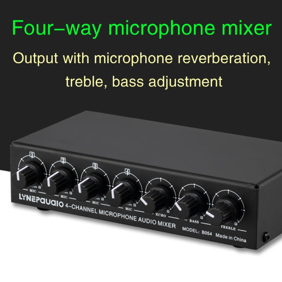 B054 4-Channel Microphone Mixer Support Stereo Output With Reverb Treble And Bass Adjustment, USB 5V Power Supply, US Plug