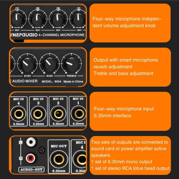 B054 4-Channel Microphone Mixer Support Stereo Output With Reverb Treble And Bass Adjustment, USB 5V Power Supply, US Plug