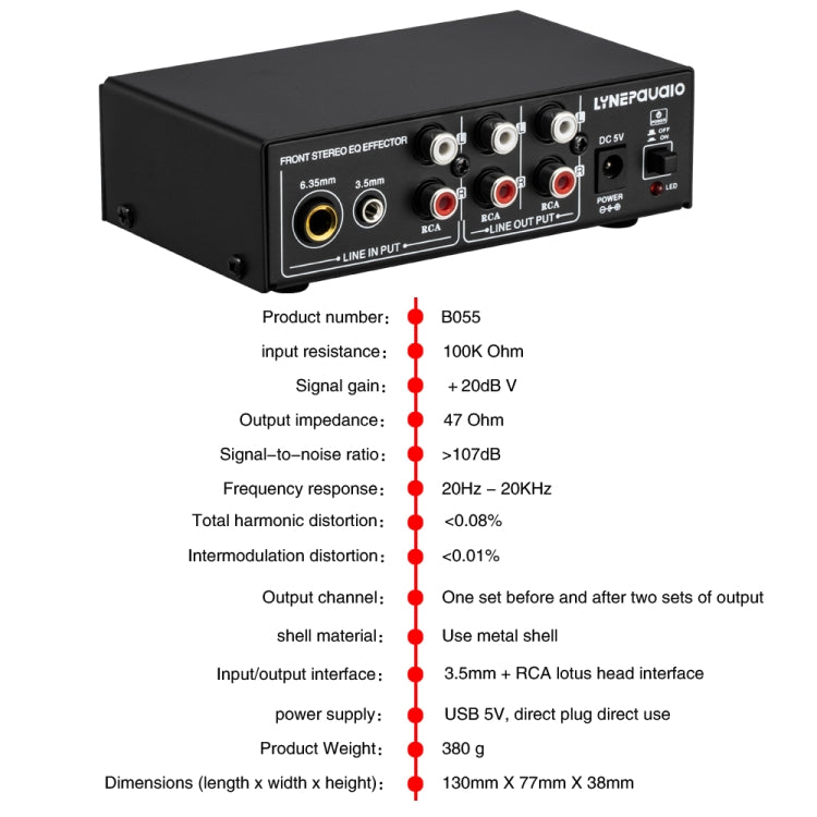 3-Channel Mixer Front Stereo Amplifier High / Mid / Bass Adjuster, USB 5V Power Supply, US Plug
