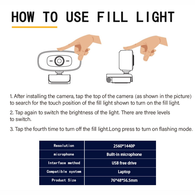 C10 2K HD Without Distortion 360 Degrees Rotate Three-speed Fill Light USB Free Drive Webcams, Built-in Clear Sound Microphone