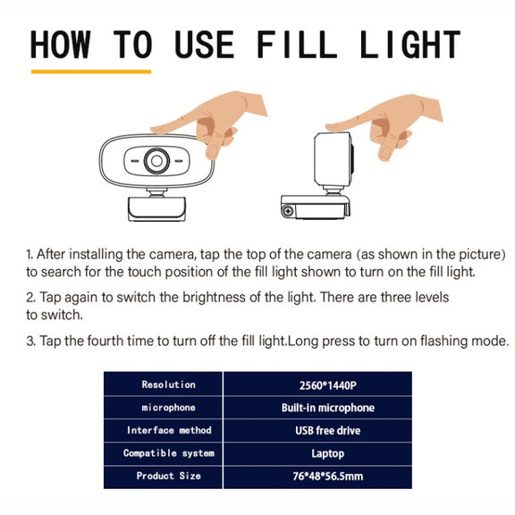 C10 2K HD Without Distortion 360 Degrees Rotate Three-speed Fill Light USB Free Drive Webcams, Built-in Clear Sound Microphone