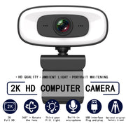 C10 2K HD Without Distortion 360 Degrees Rotate Three-speed Fill Light USB Free Drive Webcams, Built-in Clear Sound Microphone