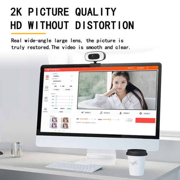 C10 2K HD Without Distortion 360 Degrees Rotate Three-speed Fill Light USB Free Drive Webcams, Built-in Clear Sound Microphone