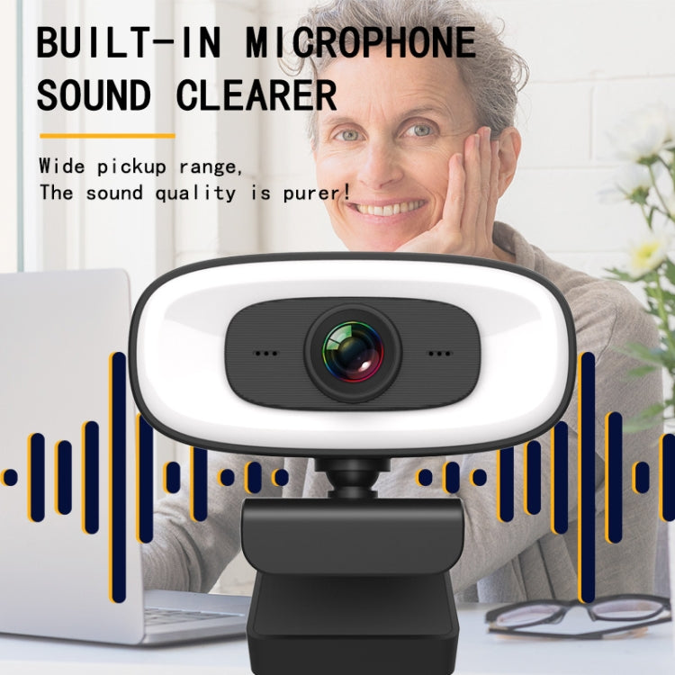 C10 2K HD Without Distortion 360 Degrees Rotate Three-speed Fill Light USB Free Drive Webcams, Built-in Clear Sound Microphone