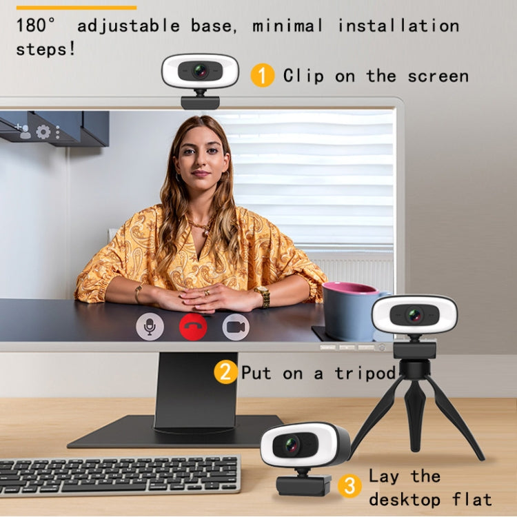 C10 2K HD Without Distortion 360 Degrees Rotate Three-speed Fill Light USB Free Drive Webcams, Built-in Clear Sound Microphone