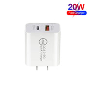 20W PD Type-C + QC 3.0 USB Interface Fast Charging Travel Charger with USB to 8 Pin Fast Charge Data Cable US Plug