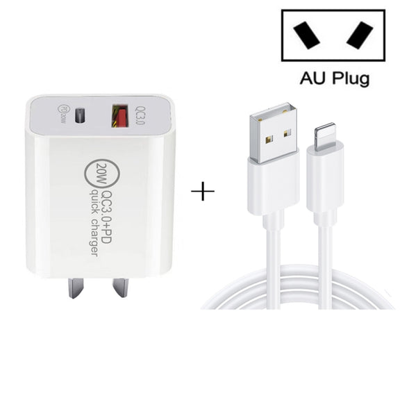 TCS-20WACA 20W PD Type-C + QC 3.0 USB Interface Fast Charging Travel Charger with USB to 8 Pin Fast Charge Data Cable AU Plug