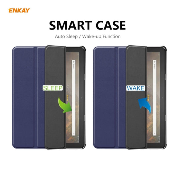 ENKAY PU Leather + Plastic Smart Case with Three-folding Holder for Amazon Fire HD 10 / 10 Plus (2021)(Dark Blue)