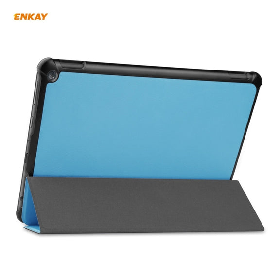 ENKAY PU Leather + Plastic Smart Case with Three-folding Holder for Amazon Fire HD 10 / 10 Plus (2021)(Light Blue)