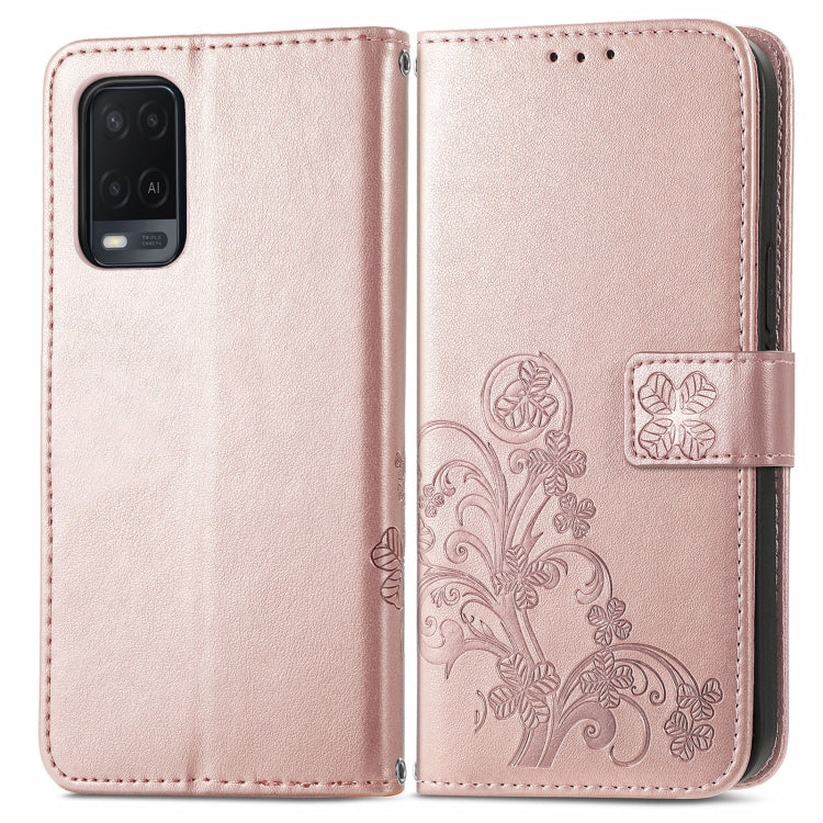 For OPPO A54  4G Four-leaf Clasp Embossed Buckle Mobile Phone Protection Leather Case with Lanyard & Card Slot & Wallet & Bracket Function(Rose Gold)