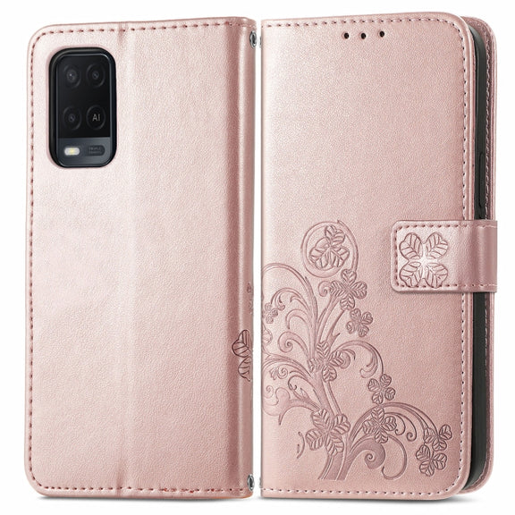 For OPPO A54  4G Four-leaf Clasp Embossed Buckle Mobile Phone Protection Leather Case with Lanyard & Card Slot & Wallet & Bracket Function(Rose Gold)
