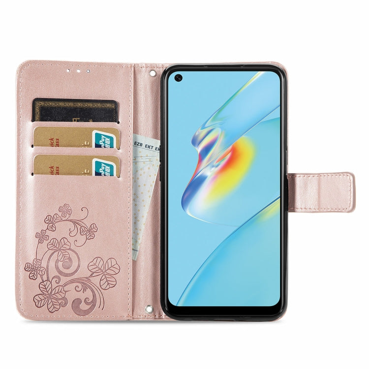 For OPPO A54  4G Four-leaf Clasp Embossed Buckle Mobile Phone Protection Leather Case with Lanyard & Card Slot & Wallet & Bracket Function(Rose Gold)