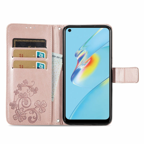 For OPPO A54  4G Four-leaf Clasp Embossed Buckle Mobile Phone Protection Leather Case with Lanyard & Card Slot & Wallet & Bracket Function(Rose Gold)