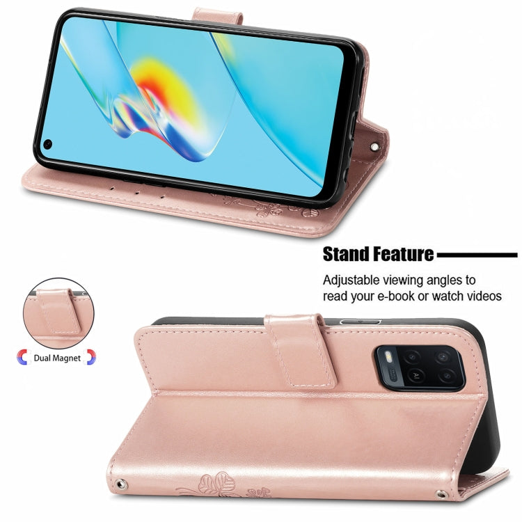 For OPPO A54  4G Four-leaf Clasp Embossed Buckle Mobile Phone Protection Leather Case with Lanyard & Card Slot & Wallet & Bracket Function(Rose Gold)