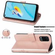 For OPPO A54  4G Four-leaf Clasp Embossed Buckle Mobile Phone Protection Leather Case with Lanyard & Card Slot & Wallet & Bracket Function(Rose Gold)