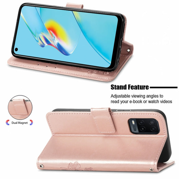 For OPPO A54  4G Four-leaf Clasp Embossed Buckle Mobile Phone Protection Leather Case with Lanyard & Card Slot & Wallet & Bracket Function(Rose Gold)