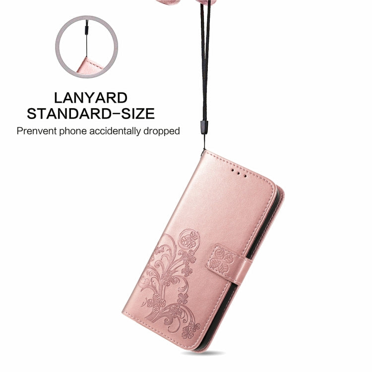 For OPPO A54  4G Four-leaf Clasp Embossed Buckle Mobile Phone Protection Leather Case with Lanyard & Card Slot & Wallet & Bracket Function(Rose Gold)