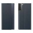 For Samsung Galaxy S21 FE Plain Texture Cloth Attraction Flip Holder Leather Phone Case(Dark Blue) - Galaxy Phone Cases by PMC TechLife | Online Shopping South Africa | PMC TechLife